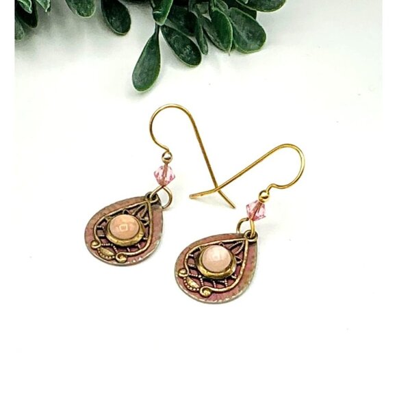 Vintage Inspired Two Tone Teardrop Dangle Earrings With Pink Crystal Accent - Picture 1 of 3
